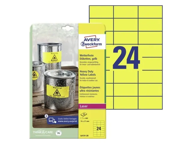 Weerbestendig etiket Avery 70x37mm geel, doos 20 vel
