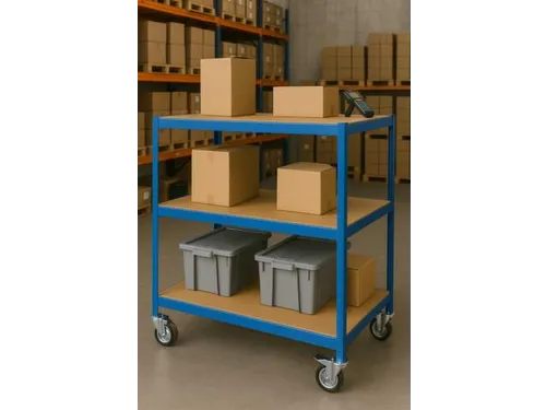 Etagewagen,Draagverm. 150Kg,3Etage(S),Houten Legbordetage,Blauw