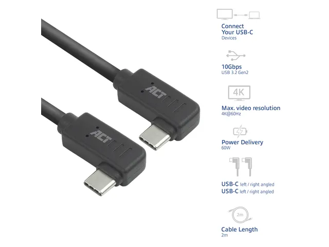 Kabel ACT USB-C hoek links/rechts 10Gbps 2m