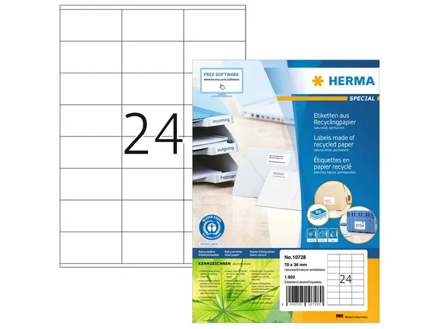 HERMA 10728 Etiketten gerecycled papier A4 70x36mm Wit 1920 stuks