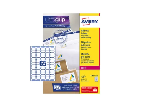 laseretiket Avery 38,1x21,2mm wit 100 vel 65 etiketten per vel
