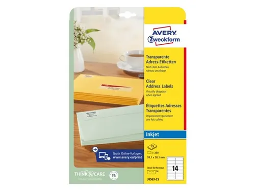 Adresetiket Avery J8563-25 99,1x38,1mm Transparant Inkjet 350 stuks