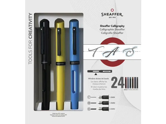 Kalligrafiepen SHEAFFER zwart, blauw,geel maxi penpunt F/M/B