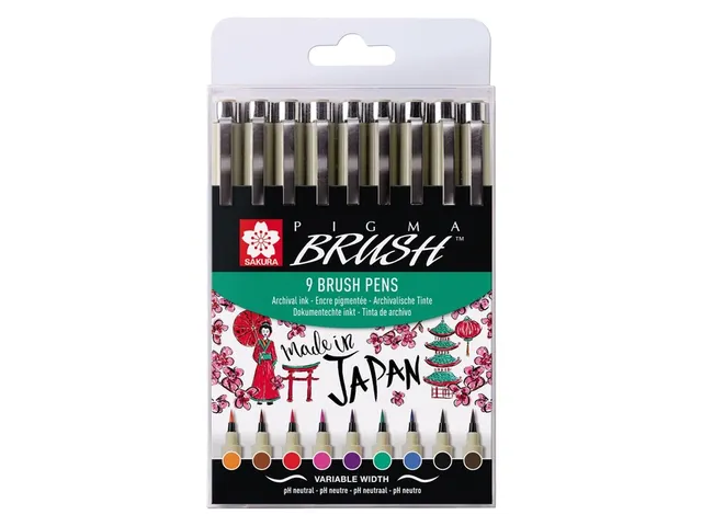 Viltstift met brushpen Bruynzeel Sakura Pigma etui 9 kleuren assorti