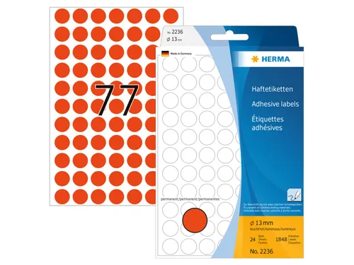 HERMA 2236 Multipurpose etiketten Rond 13mm Fluor Rood 1848 stuks