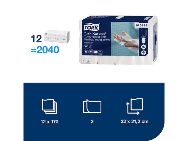 Tork 100888 H2 Xpress compressed Premium Handdoek 2-laags 12x170 stuk