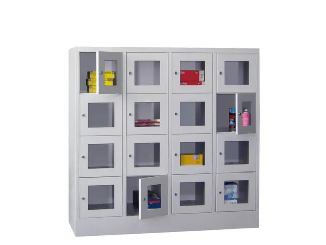 lockerkast,HxBxD 1518x1600x500mm,4x4vakken,RAL7035,front RAL3000