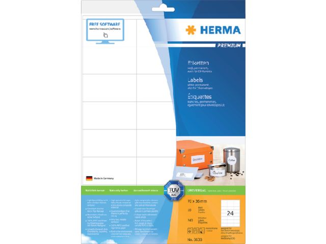 Etiket HERMA 8638 70x36mm premium wit 240stuks | HermaLabels.nl