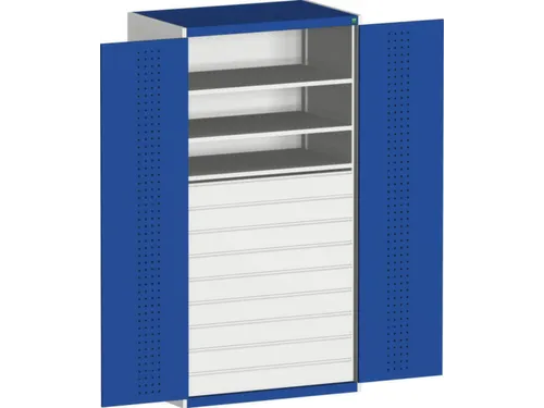 systeemkast 2000x1300x650mm 3xStalen bodem 9laden Ral7035 Ral5010