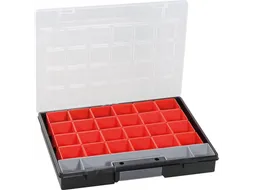 Bak voor kleine onderdelen,HxBxD 55x370x295mm,24bakken,PP,koffer zwart