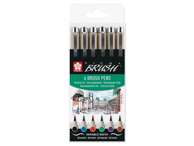 Brushpen Sakura Pigma Brush set à 6 stuks zwart