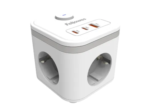 Stekkerblok Fellowes Power Cube F 3-voudig 1xUSB A 2xUSB C 2m wit