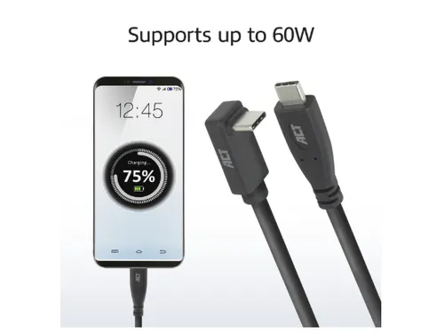 Kabel ACT USB-C standaard naar USB-C hoek boven/beneden 10Gbps 2m