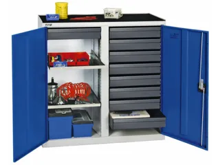 Materiaalkast 1000x1000x500mm 2legborden Uitschuifbaar 9laden Ral5010 - 1