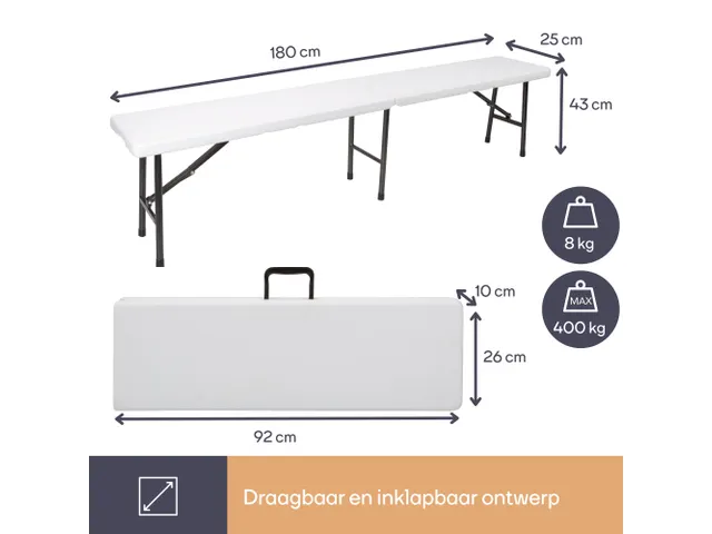Inklapbare bank weerbestendig 180x25x43cm Wit