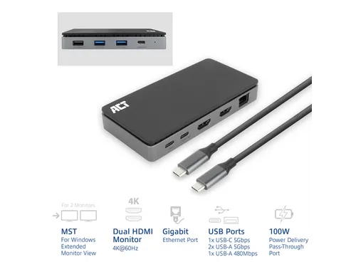 Dockingstation ACT USB-C 4K MST voor 2 HDMI monitoren