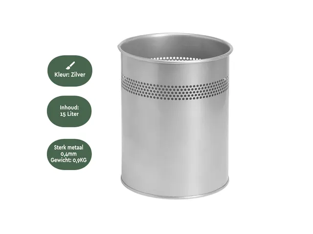 Papierbak BRASQ 15 liter zilver metaal