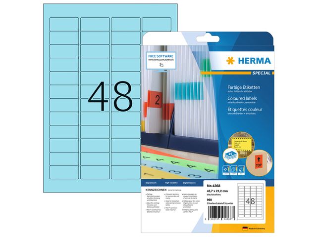 Etiket Herma 4368 A4 45.7X21.2Mm Verwijderbaar Blauw 960Stuks | HermaLabels.be