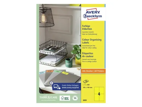 Gekleurde Etiketten Avery Zweckform 105x148mm A6 Geel 400 stuks