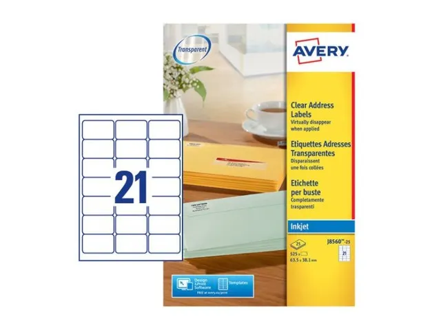 Adresetiket Avery J8560-25 63,5x38,1mm Transparant Inkjet 525 stuks