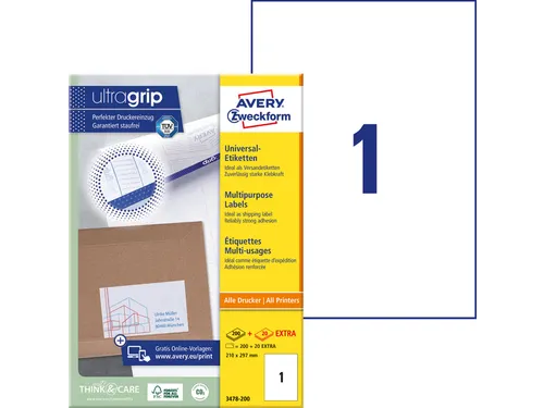 Etiket Avery Zweckform 3478-200 210x297mm A4 wit 200stuks