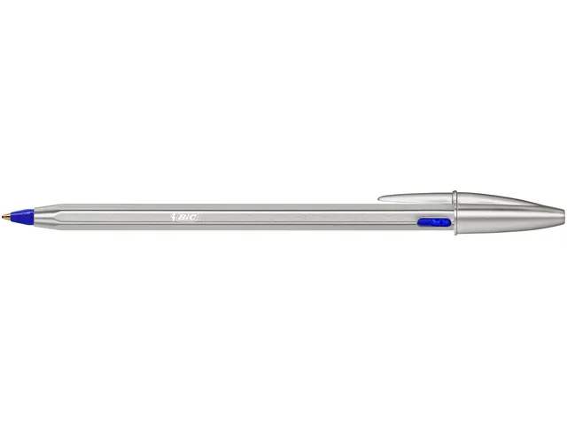 Balpen Bic Cristal Re-new medium zilver + 2 vullingen blauw