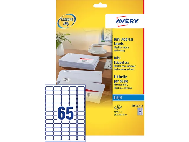 Etiket Avery J8651-10 38.1x21.2mm Inkjet Wit 650 Stuks