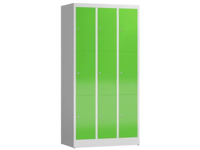 Lockerkast 1800x870x500mm 3x3 vakken cilinderslot, sokkel, RAL6018