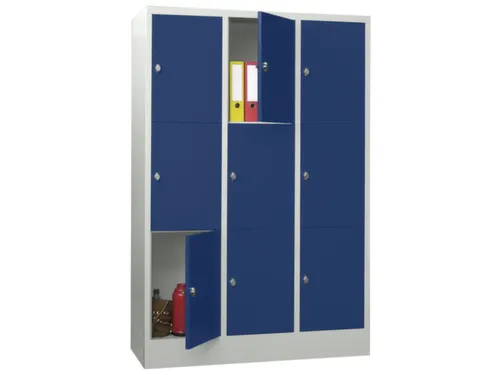 lockerkast,HxBxD 1850x1200x500mm,3x3vakken,RAL7035,front RAL5010