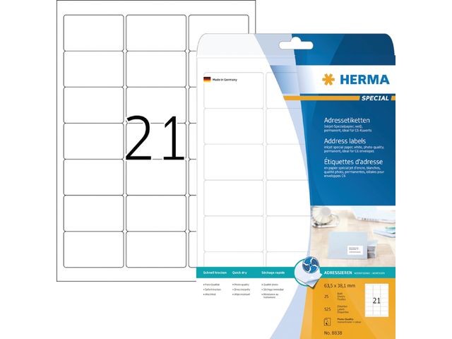 Etiket Herma 8838 63.5x38.1mm Mat Wit 525 stuks | HermaLabels.nl