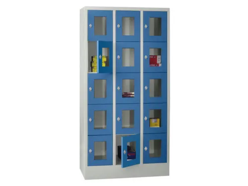 lockerkast,HxBxD 1850x900x500mm,3x5vakken,RAL7035,front RAL5012