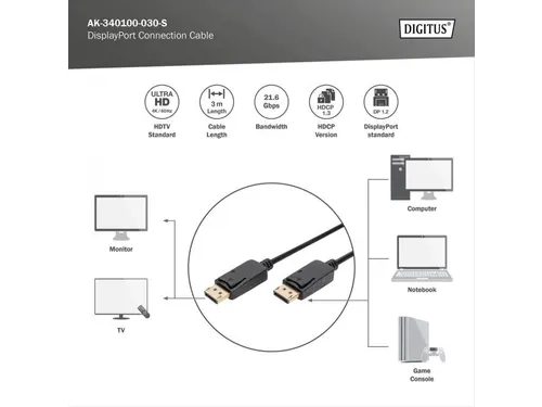 DisplayPort-aansluitkabel type DP M/M 3m UHD 4K DP 1.2 Zwart