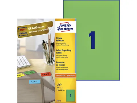 Gekleurde Etiketten Avery Zweckform 210x297mm A4 Groen 100 stuks
