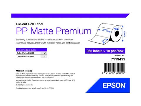 Epson 7113411, Wit, Zelfklevend printerlabel, Gestanste etiket, Rol, I