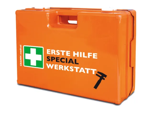 verbandkoffer,v. werkplaats,DIN 13157,ABS oranje,m. wandhouder
