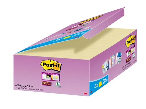 Memoblok 3M Post-it 622 Super Sticky 47.6x47.6mm geel 21 + 3 gratis