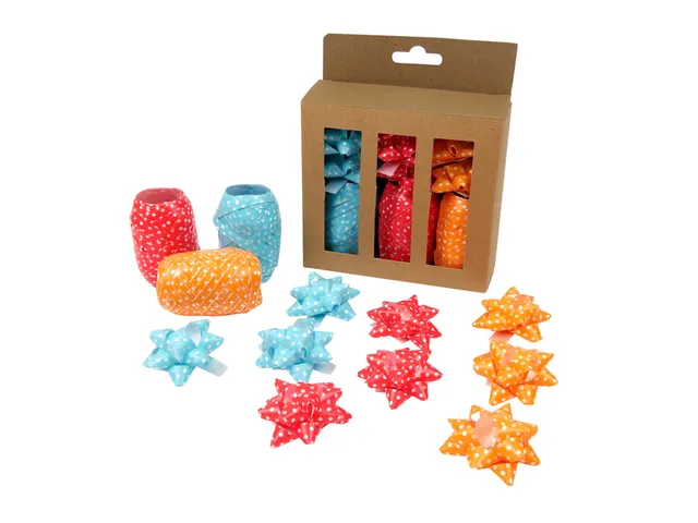 Krullint en strik rood/oranje/blauw 12 stuks