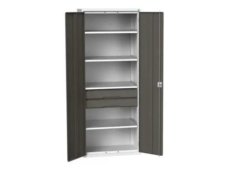 universele kast,HxBxD 2000x800x550mm,4xStalen bodem,2lade(n)