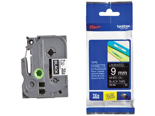 Labeltape Brother P-touch TZe-325 standaard 9mm wit op zwart