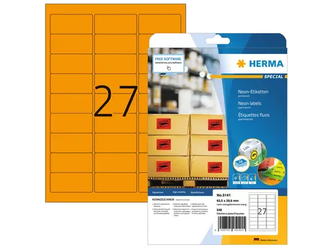 HERMA 5141 Gekleurde etiketten A4 63,5x29,6mm Neon Oranje 540 stuks