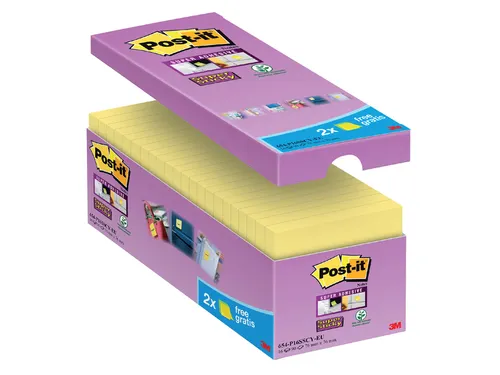 Memoblok 3M Post-it 654 Super Sticky 76x76mm geel 14+2 gratis
