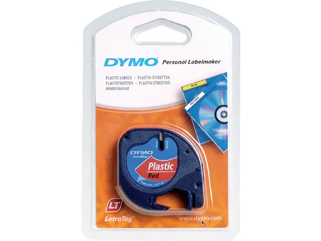 Labeltape Dymo Letratag 91203 plastic 12mm zwart op rood S0721630