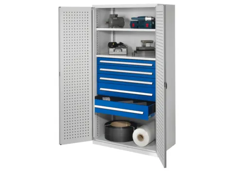 Materiaalkast Geperf. Deuren 1950x1000x600mm 2legborden 5laden Ral7035