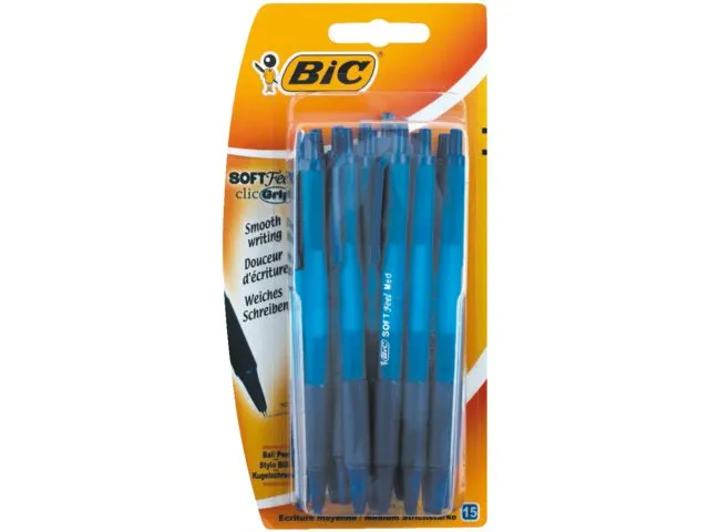 Balpen Bic soft feel clic Grip blauw medium blister à 15 stuks