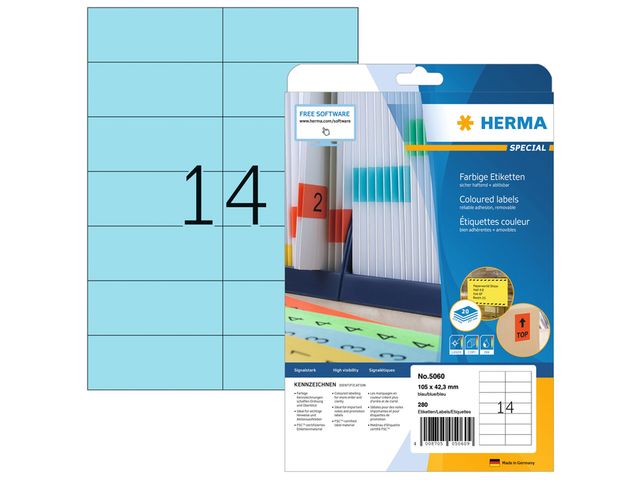 Etiket Herma 5060 105x42.3mm Verwijderbaar Blauw 280 stuks | HermaLabels.be