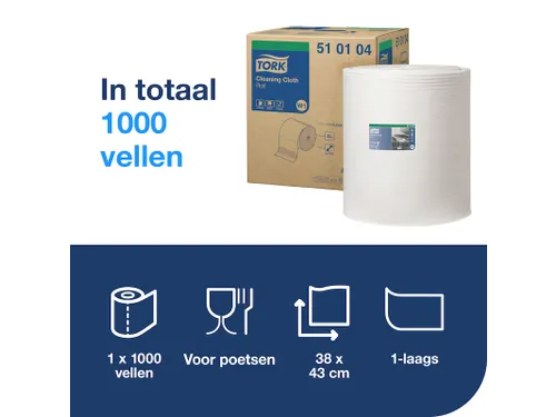 Reinigingsdoek Tork W1 herbruikbaar nonwoven 1000 vel wit 510104