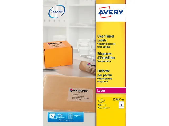 Etiquettes laser Avery 99,1x67,7mm transparent 25 feuilles