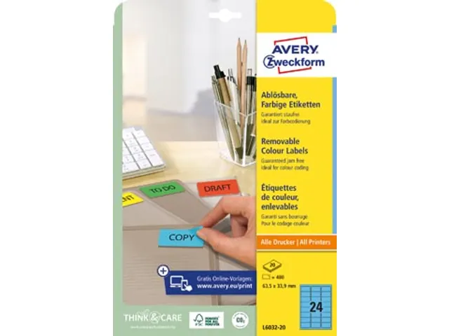 Avery Zweckform Gekleurde Afneembare Etiketten 63.5x33.9mm Blauw