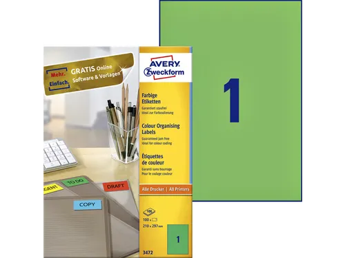 Gekleurde Etiketten Avery Zweckform 210x297mm A4 Groen 100 stuks