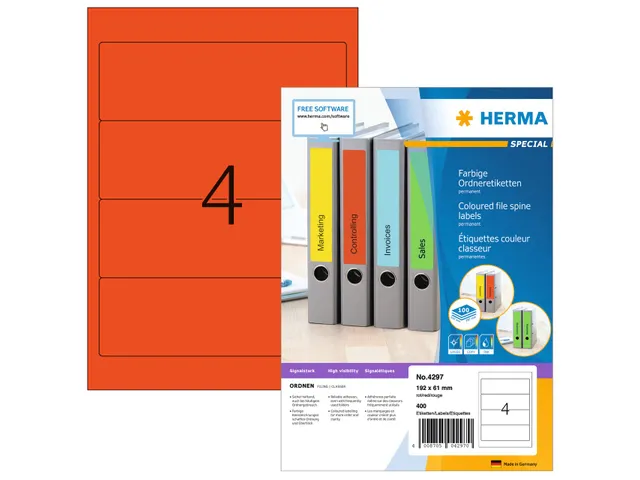 Herma 4297 Rugetiket 192x61mm Rood permanent klevend 400 stuks